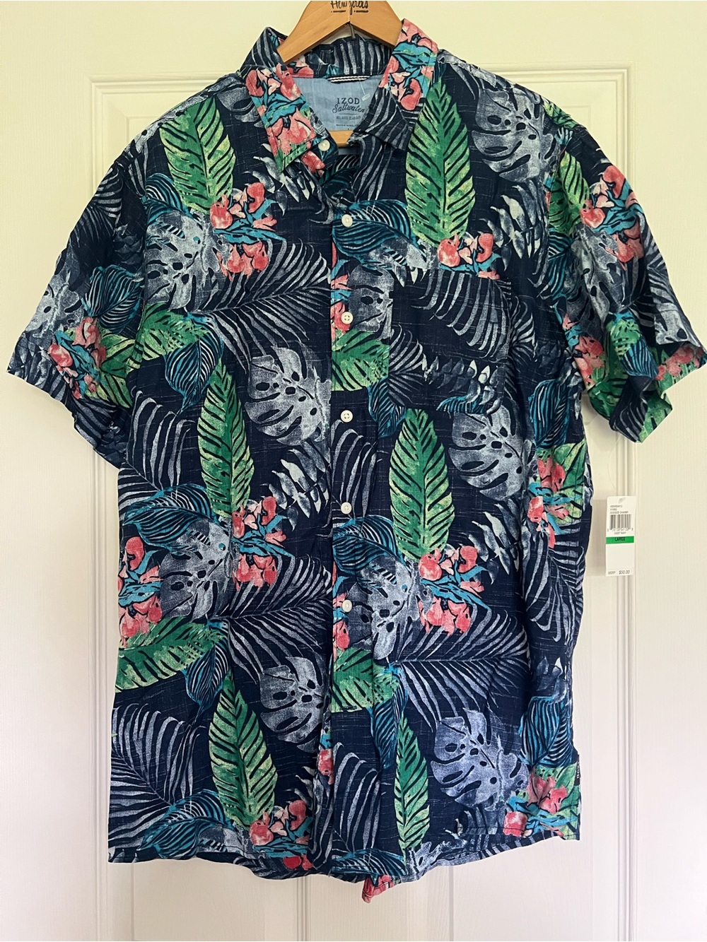 Izod Navy Tropical Leaf Print Short Sleeve Button-Down Shirt- L -NWT
